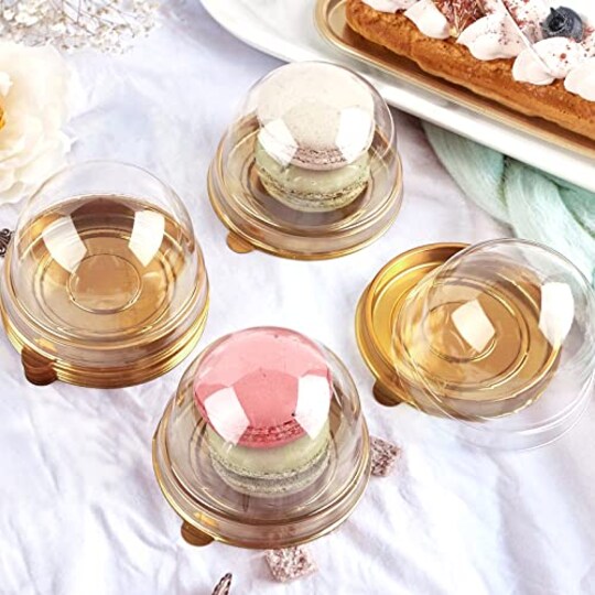 TOFLEN; 100 Pcs Clear Plastic Mini Cake Boxes with Dome Lids, Mini Bundt Cake Containers for Mini Cupcake, Muffin, Chocolate Covered Cookie, Strawberry, Mooncake and More (Gold Base); Category:Packaging & Display; Image:1